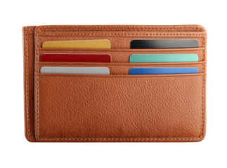Brown leather wallet with colorful credit cards, On Transparent Background, Png