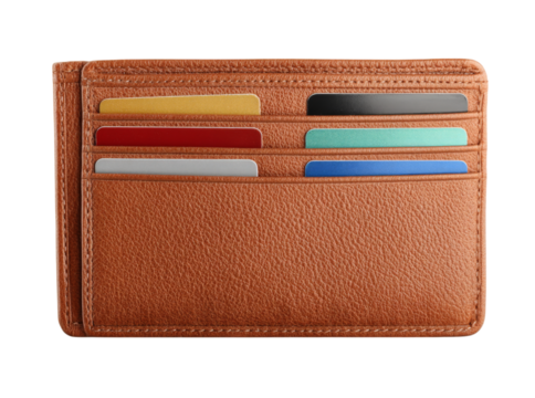 Brown leather wallet with colorful credit cards, On Transparent Background, Png