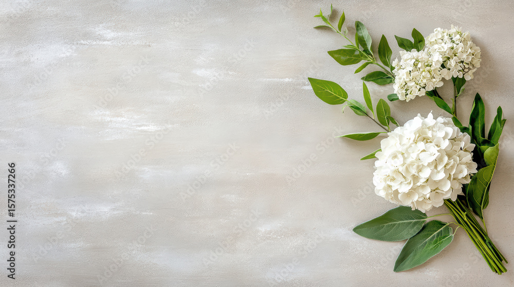 Poster fresh white hydrangeas and greenery arranged on grey slate table create serene atmosphere