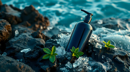 Dark Navy Blue Shampoo Bottle Mockup on Rocks by the Ocean