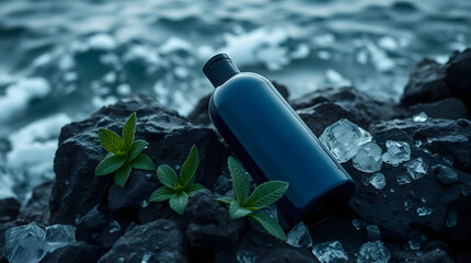 Dark Navy Blue Shampoo Bottle Mockup on Rocks by the Ocean