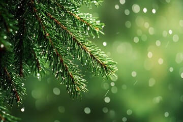Rain falling softly on green pine needles creates a beautiful contrast on a sunny day in nature, Rain on a sunny day Close up of rain on the background of an evergreen spruce branch