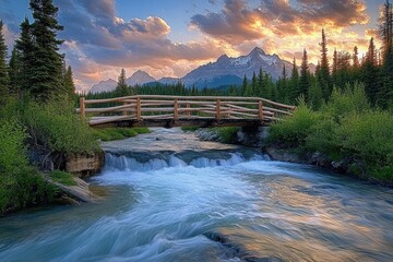 Scenic wooden bridge crossing a river surrounded by mountains and forest during sunset, Wood bridge over a river