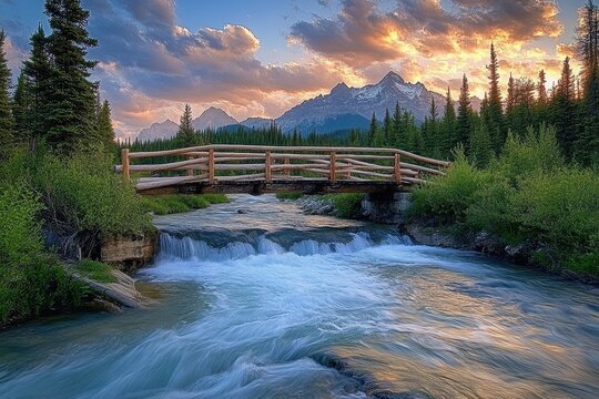 Scenic wooden bridge crossing a river surrounded by mountains and forest during sunset, Wood bridge over a river