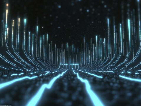 Futuristic Digital Pathway in Neon Blue with Glowing Circuit Lines at Nighttime
