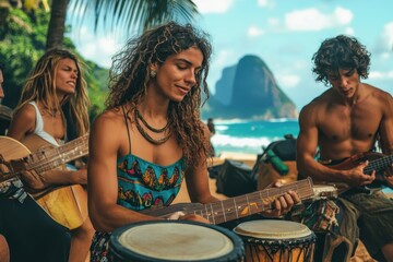 Young people enjoying music and rhythm on a beach in Brazil during a sunny afternoon, Young people playing typical Brazilian musical instruments in Rio de Janeiro Cinematic