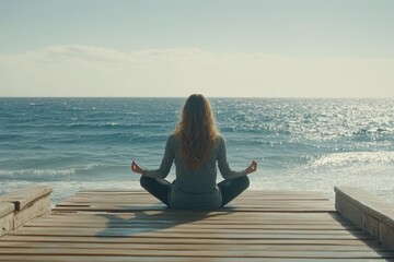 Middle aged woman sits in meditation on a pier by the ocean during a serene morning, Middle aged woman sits in meditation on a pier facing the ocean Cinematic