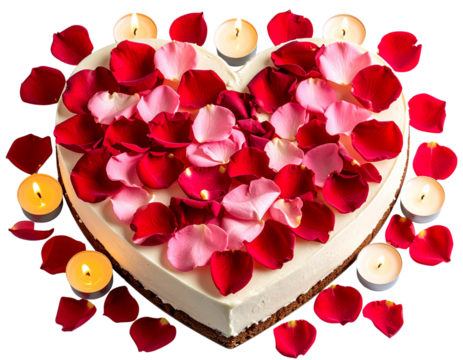 Romantic Heart Shaped Cake with Rose Petals and Candles, isolated on a transparent background
