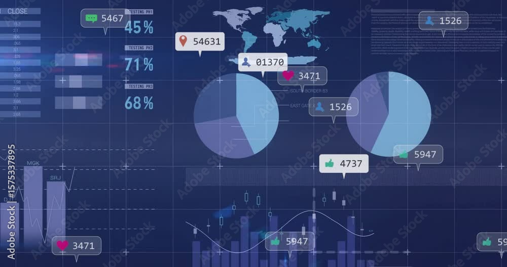 Poster interface opening initiating data with sliding icons, counting labels and charts showing metrics
