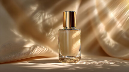 Luxurious cosmetic bottle with golden cap, softly lit by palm shadows over flowing fabric, evoking elegance, softness, and warmth.