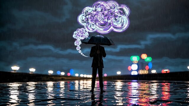Contemplative businessman standing under umbrella, illuminated by glowing thought bubble against nighttime urban landscape, embodying creative problem solving and introspective moments