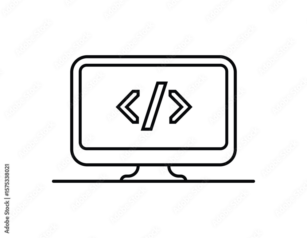 Poster simple line art icon of a computer monitor displaying code symbols isolated on white background