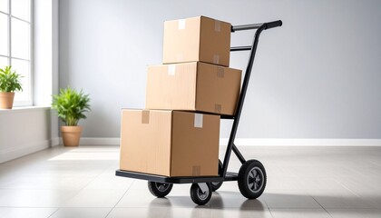 A black hand truck carrying three stacked cardboard boxes in different sizes, placed near a bright window and indoor plants—evoking themes of logistics, moving, and efficient transport 