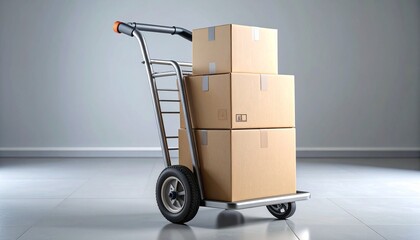 A black hand truck carrying three stacked cardboard boxes in different sizes, placed near a bright window and indoor plants—evoking themes of logistics, moving, and efficient transport