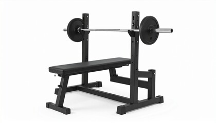 A black padded weight bench with a racked barbell and evenly placed weight plates, designed for strength training and muscle-building exercises—ideal for gym environments or home fitness setups.