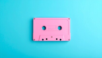 A retro pink cassette tape with twin reel holes placed on a pastel blue backdrop, evoking nostalgic charm and analog audio memories from the 80s and 90s.