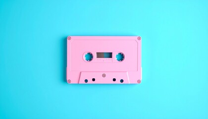 A retro pink cassette tape with twin reel holes placed on a pastel blue backdrop, evoking nostalgic charm and analog audio memories from the 80s and 90s.