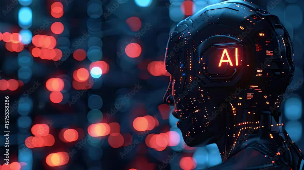 Poster profile view of a futuristic humanoid head with glowing circuitry and the word ai against a blurred 