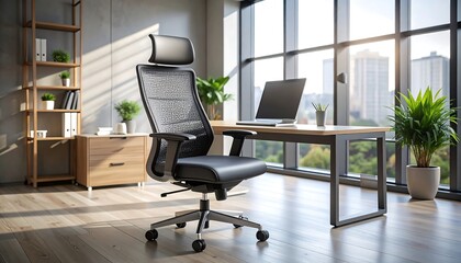 Modern office interior with ergonomic chair with laptop, plants, and and city view.