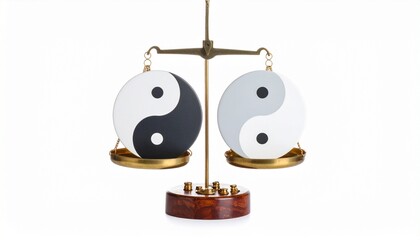 A golden balance scale with Yin-Yang symbols placed equally on both sides, symbolizing harmony, duality, and equilibrium in Eastern philosophy and spiritual balance.