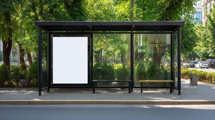 Stunning photo of modern bus stop shelter with blank advertising billboard in urban setting. Black metal frame, glass panels, green trees. Sunny day. Public transportation.