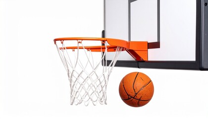 A basketball caught mid-air as it approaches a red hoop with a white net mounted on a rectangular backboard—capturing the thrilling moment of a near-score in an indoor court setting.