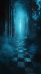 Fototapeta premium Mysterious Hallway Leading Into Light with Stone Archways and Checkerboard Floor