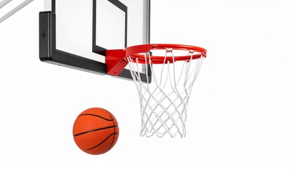 A basketball caught mid-air as it approaches a red hoop with a white net mounted on a rectangular backboard—capturing the thrilling moment of a near-score in an indoor court setting.