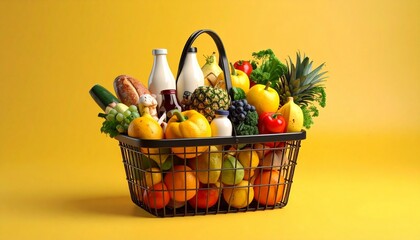 A vibrant grocery basket overflowing with fresh fruits, vegetables, and daily food essentials set against a bright yellow background.