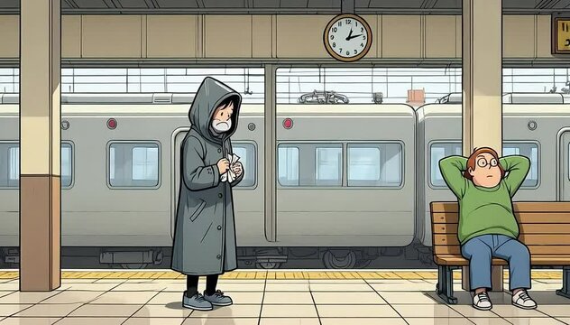 People wait and move on a busy train station platform with a train stopped in the background, depicting a moment of urban transit
