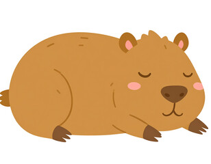 Fototapeta premium Cartoon illustration of a capybara clipart lying down with its eyes closed isolated on transparent background, appearing relaxed and peaceful.
