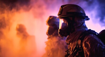 Firefighter in protective gear and gas mask stands in smoky orange and purple atmospheric lighting during a dangerous rescue operation