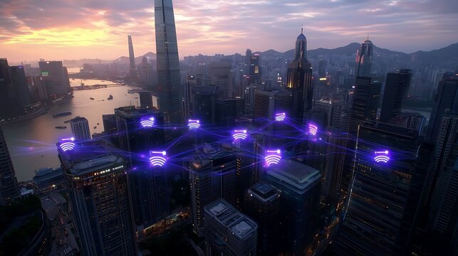 Sunset over urban skyline with digital network and wireless connection icons illuminating the cityscape at twilight