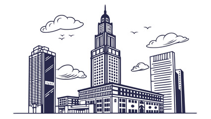 Fototapeta premium Cityscape illustration of urban skyline with skyscrapers and clouds in minimalist style art vector