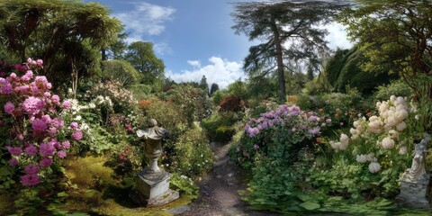 Fototapeta premium Panoramic garden view scenic park hdr 360 degrees nature bright sky