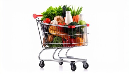 A shopping cart with a red handle brimming with fresh groceries including colorful fruits, vegetables, and essentials like olive oil and eggs, set against a clean white background—symbolizing healthy 