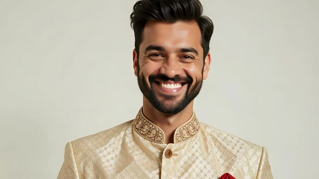 Indian Man in Elegant Jodhpuri Suit Smiling Regally at Camera | Royal Ethnic Menswear Look on Clean Light Background in 4K Ultra HD Video Portrait
