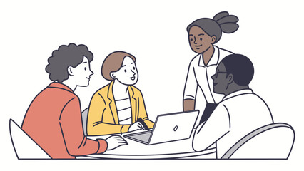Fototapeta premium Illustration of diverse team collaboration meeting with laptop for business strategy and brainstorming session