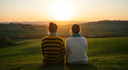 Two women enjoying sunset view serene landscape friendship togetherness peaceful moment relaxation nature scenic hills golden hour summer evening picturesque countryside tranquility