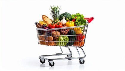 A shopping cart with a red handle brimming with fresh groceries including colorful fruits, vegetables, and essentials like olive oil and eggs, set against a clean white background—symbolizing healthy 