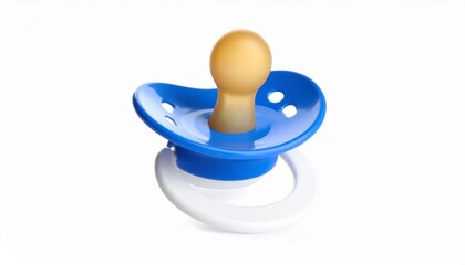A blue and beige baby pacifier with a white ring handle placed on a light background, symbolizing infant care, comfort, and early childhood essentials
