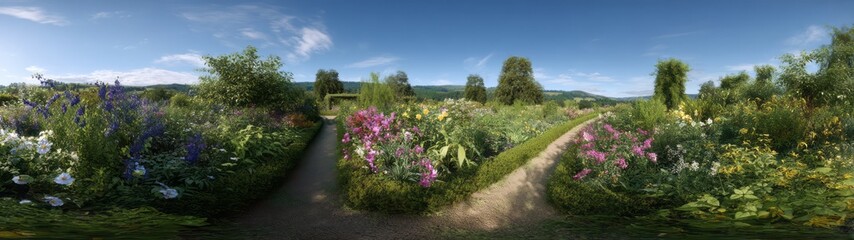 Fototapeta premium Vibrant flower garden 360 degrees hdr panoramic view in nature