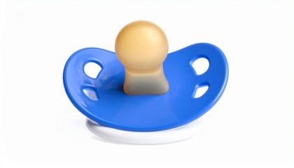 A blue and beige baby pacifier with a white ring handle placed on a light background, symbolizing infant care, comfort, and early childhood essentials