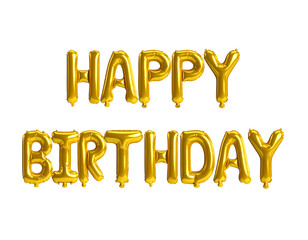Gold Foil Balloons Spelling Happy Birthday isolated on transparent background.