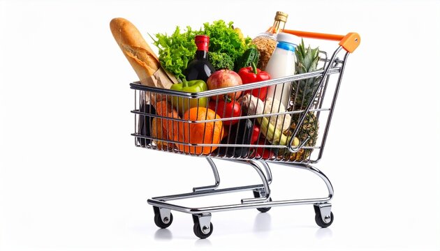 A shopping cart with a red handle brimming with fresh groceries including colorful fruits, vegetables, and essentials like olive oil and eggs, set against a clean white background—symbolizing healthy