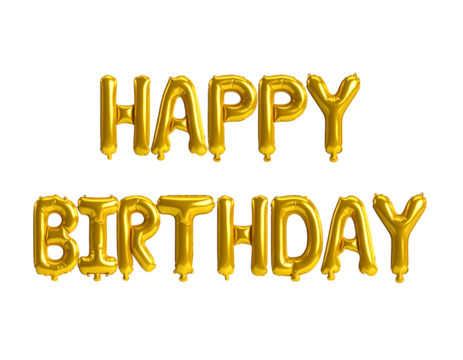 Gold Foil Balloons Spelling Happy Birthday isolated on transparent background.