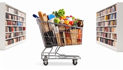 A shopping cart with a red handle brimming with fresh groceries including colorful fruits, vegetables, and essentials like olive oil and eggs, set against a clean white background—symbolizing healthy 