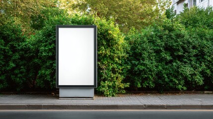Stunning photo of blank white outdoor advertising stand or sandwich board mock up template. Clear street signage board placed outdoor by green tree hedges Background texture of.