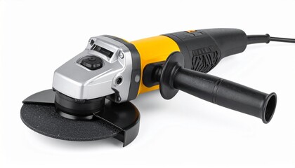 A yellow and black electric angle grinder with a circular abrasive disc and side handle, positioned on a neutral surface—representing a powerful tool used in construction, metalwork, and DIY projects.