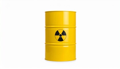 A yellow hazardous waste barrel with a black radiation symbol printed on the front, placed on a neutral surface—representing radioactive material storage and environmental safety concerns.